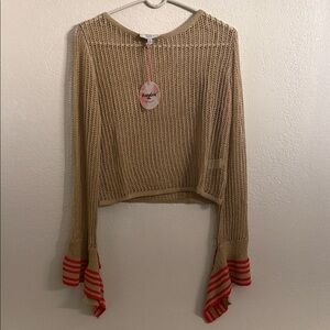 Hayden LA Crochet Knit Crop Sweater Bell Sleeve Boho Neutral Size M NWT